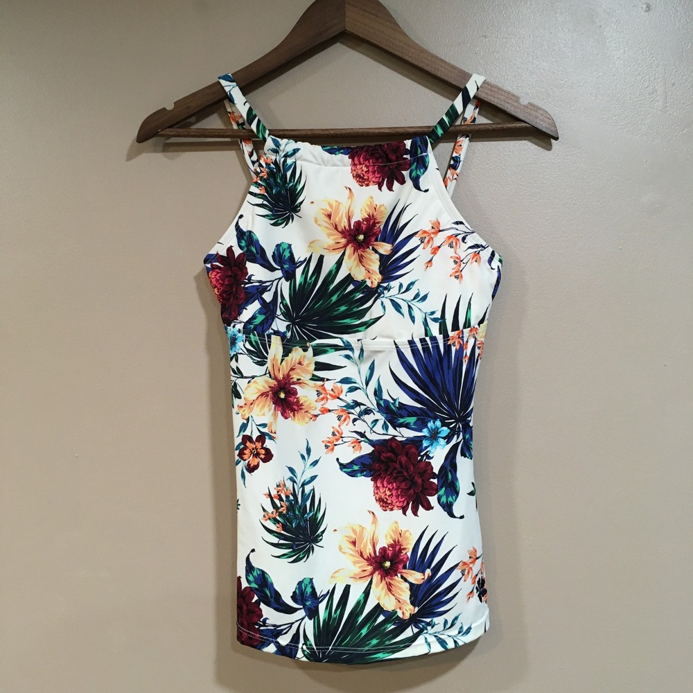 Hapari Floral High Neck Tankini Swim Top Womens S Cream Tropical Resort Modest